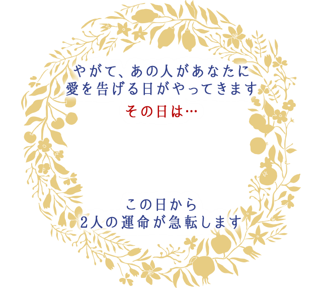 やがて、あの人があなたに
		愛を告げる日がやってきます。
		その日は…
		この日から
		2人の恋の運命が急転します