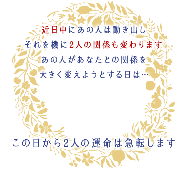 近日中にあの人は動き出し
		それを機に2人の関係も変わります
		あの人があなたとの関係を
		大きく変えようとする日は…

		この日から2人の運命は急転します