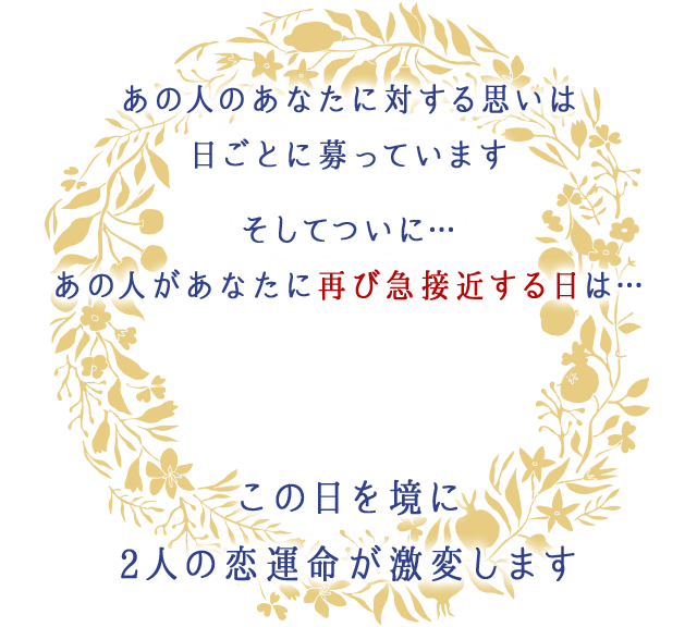 あの人のあなたに対する思いは
		日ごとに募っています
		そしてついに…
		あの人があなたに再び急接近する日は…
		この日を境に
		2人の恋運命が激変します